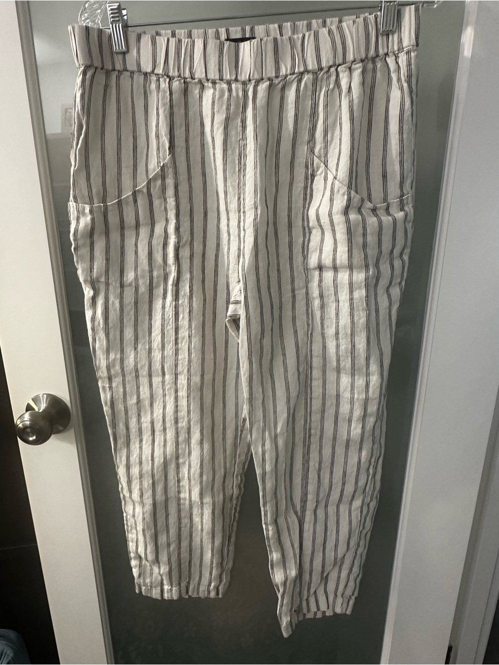 Quince Cream and Gray Striped Cotton-Linen Straight Leg Pants